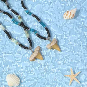 Surfer Necklace for Men Shark Tooth Wood Bead Tribal Chain Beach Jewelry Simple Summer Gift