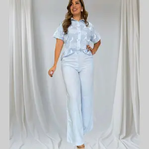 Elegant Delicate Embroidered Linen Blouse & Pants Set for Women's Casual Fashionable Wear - Chic and Comfortable Linen Material