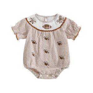 Infant Baby Girl Football Gingham Smocked Bubble Romper Short Sleeve Plaid Onesie Bodysuit Jumpsuit Game Day Clothes