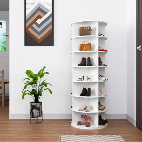 Bellemave 7-Tier Round Rotatable Organizer - 360-Degree Revolving Carousel, Solid Plastic Rigid Corner Tower, Holds 28 Pairs of Shoes, Shoe Display, Home Decor, Assembly Required, Bag & Hat Storage for Bedroom, Hallway