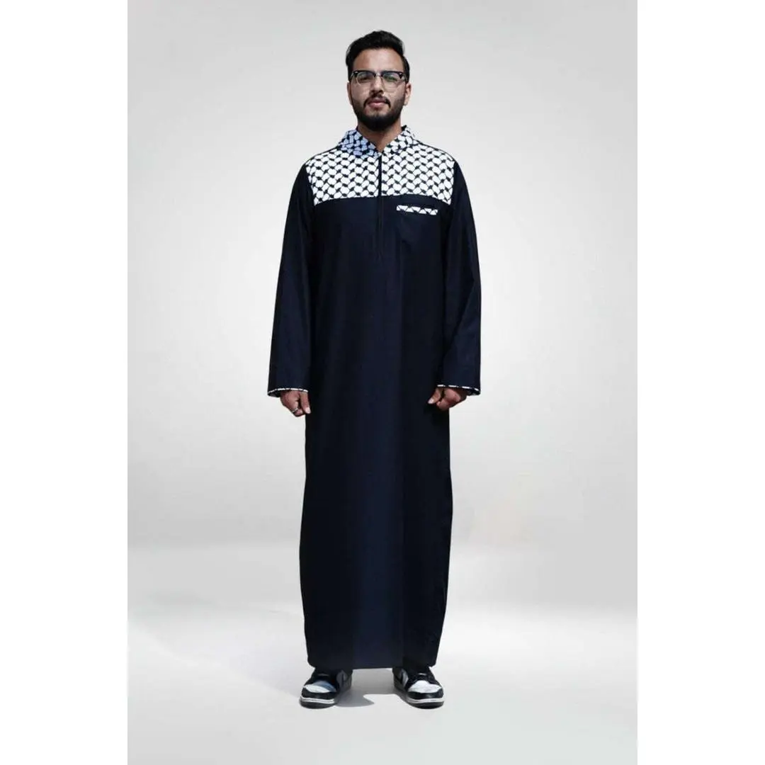 Men's Black Hooded Islamic Thobe - Kufiya Panel, Modest Fashion Robe