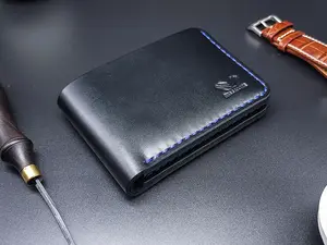 Bellicose Men's Bifold Wallet - Handcrafted Black Full-Grain Leather with Blue Stitching, Includes RFID Blocker Card, Premium Quality Leather Wallet
