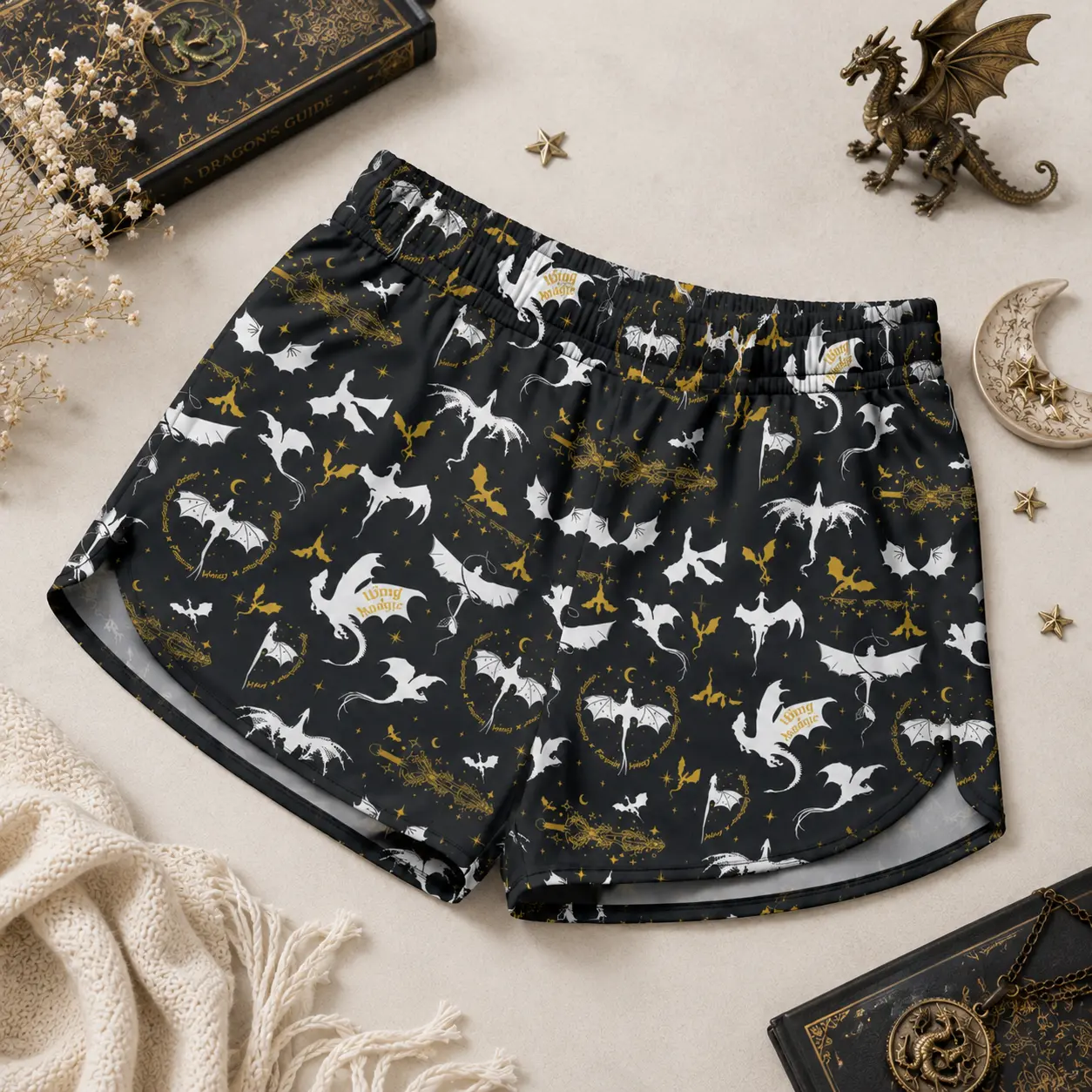 Women's Fourth Wing Inspired Lounge Shorts, Fourth Wing Xaden and Violet  Lover Lounge Shorts, Black Dragon Inspired Pattern , Pascal Lover Gift