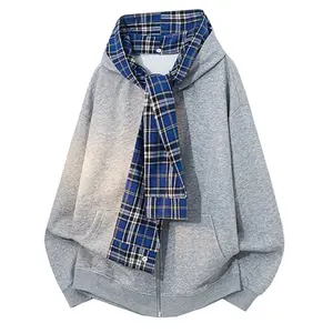 Men's Spring And Autumn Fake Two-Piece Hooded Cardigan Sweatshirt, High-End Plaid Patchwork Zipper Hoodie, Unisex Trendy Street Style Couple Jacket, Detachable Shawl Hood Cardigan Top Sweatshirt, Men'S Top, Men'S Everyday Wear