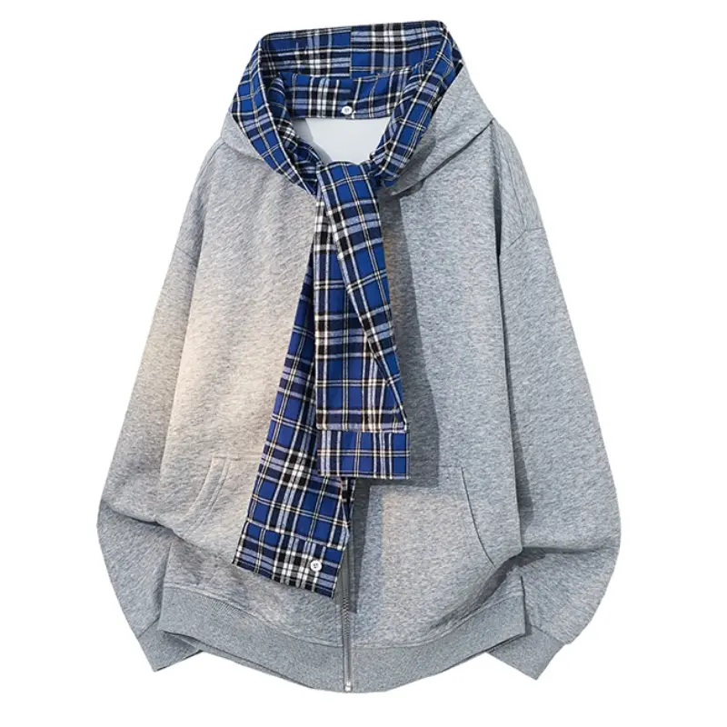 Unisex Spring Autumn Fake Two-Piece Hooded Cardigan Sweatshirt, High-End Plaid Patchwork Zipper Hoodie, Detachable Shawl Hat Trendy Streetwear Couple Jacket for Men Daily Wear # StreetVibes # CoupleOutfit