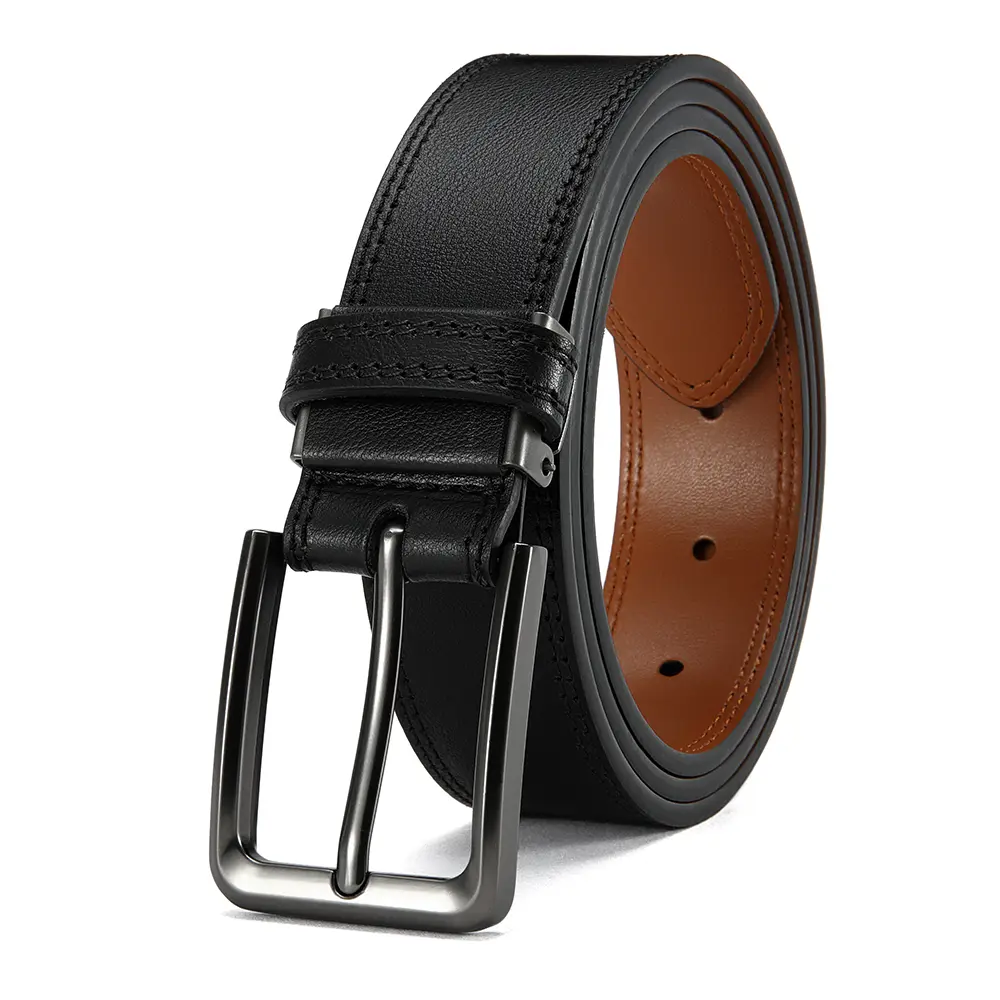 Men's leather belt with a pin buckle featuring an adjustable classic rectangular head and a double- Men's leather belt with a pin buckle featuring an adjustable classic rectangular head and a double-