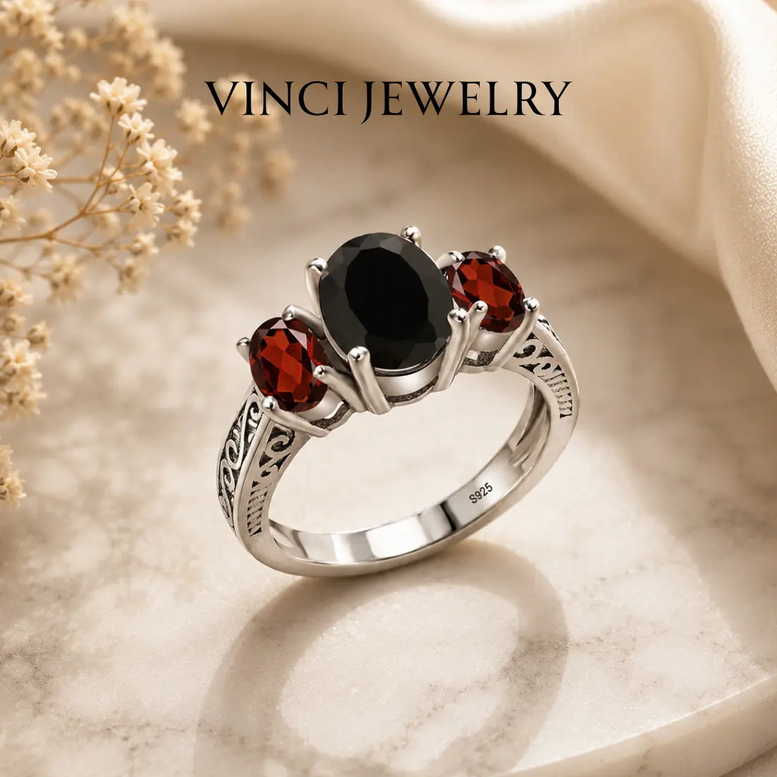 S925 2.73 Cttw Black Onyx and Red Garnet Rings For Women, Sterling Silver 3 Stone Ring,Versatile Vintage Artificial Gemstone Purple Crystal Jewelry, Synthetic Obsidian Ring for Daily Wearing, Lucky Ring, Anniversary Ring For Women Girlfriend