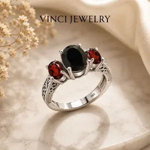 S925 2.73 Cttw Black Onyx and Red Garnet Rings For Women, Sterling Silver 3 Stone Ring,Versatile Vintage Artificial Gemstone Purple Crystal Jewelry, Synthetic Obsidian Ring for Daily Wearing, Lucky Ring, Anniversary Ring For Women Girlfriend