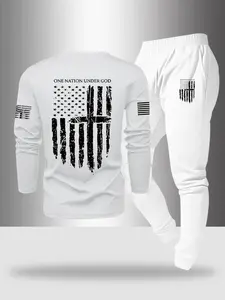 Men's Flag Print Long Sleeve Top and Drawstring Sweatpants Set, Casual Fashion Comfortable Knit Fabric, Two-Piece Set