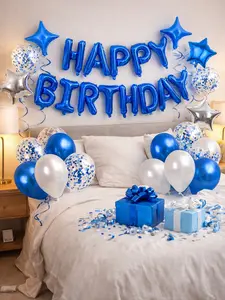 55PCS Blue Happy Birthday Balloon Decorations, Letter Balloon Banner, Star Foil Balloons, Latex Balloons & Hanging Swirls for Birthday Party Backdrop Decor