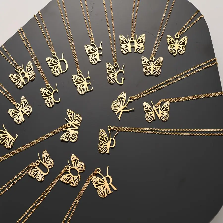 Women's Butterfly Letter V Necklace, 1pc Niche Design Stainless Steel 26-Letter Initial-Themed Pendant with Personalized Engraving, Chain Jewelry, Butterfly Necklaces, Personalized Engraving Necklaces