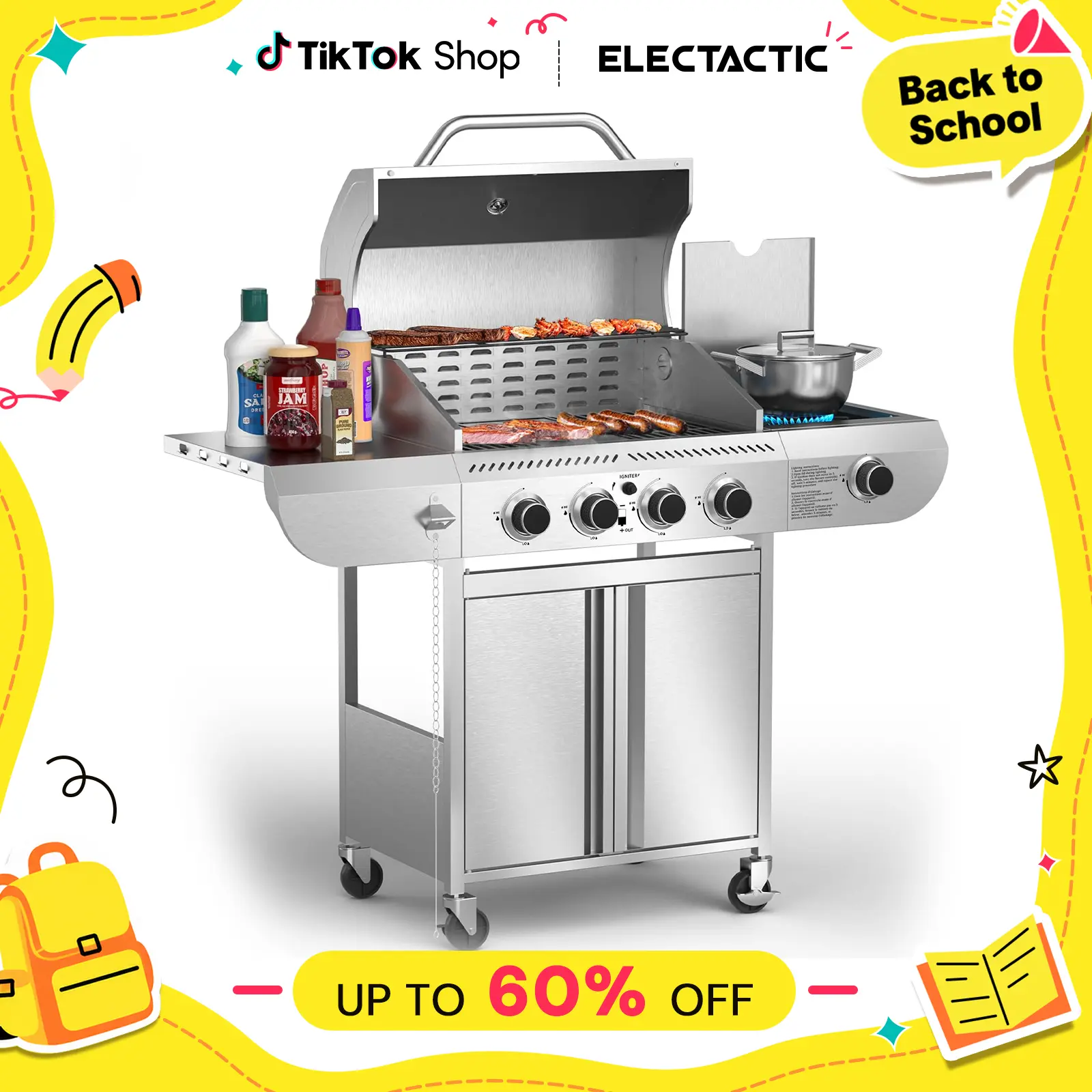 Electatic BBQ Grill,Heavy-Duty Stainless Steel Gas Grill, 4 Burner Gas Grill with Side Burner,42000 BTU Propane Grill for Outdoor Cooking,Barbecue,Garden and Patio Backyard,home essentials