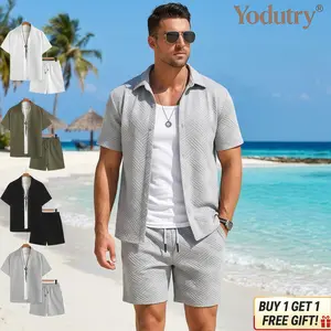 Men’s Jacquard Shirt & Shorts Set| Solid Color Short Sleeve Summer Two Piece Outfit Gift(come with every order) 30-Day Warranty Coverage