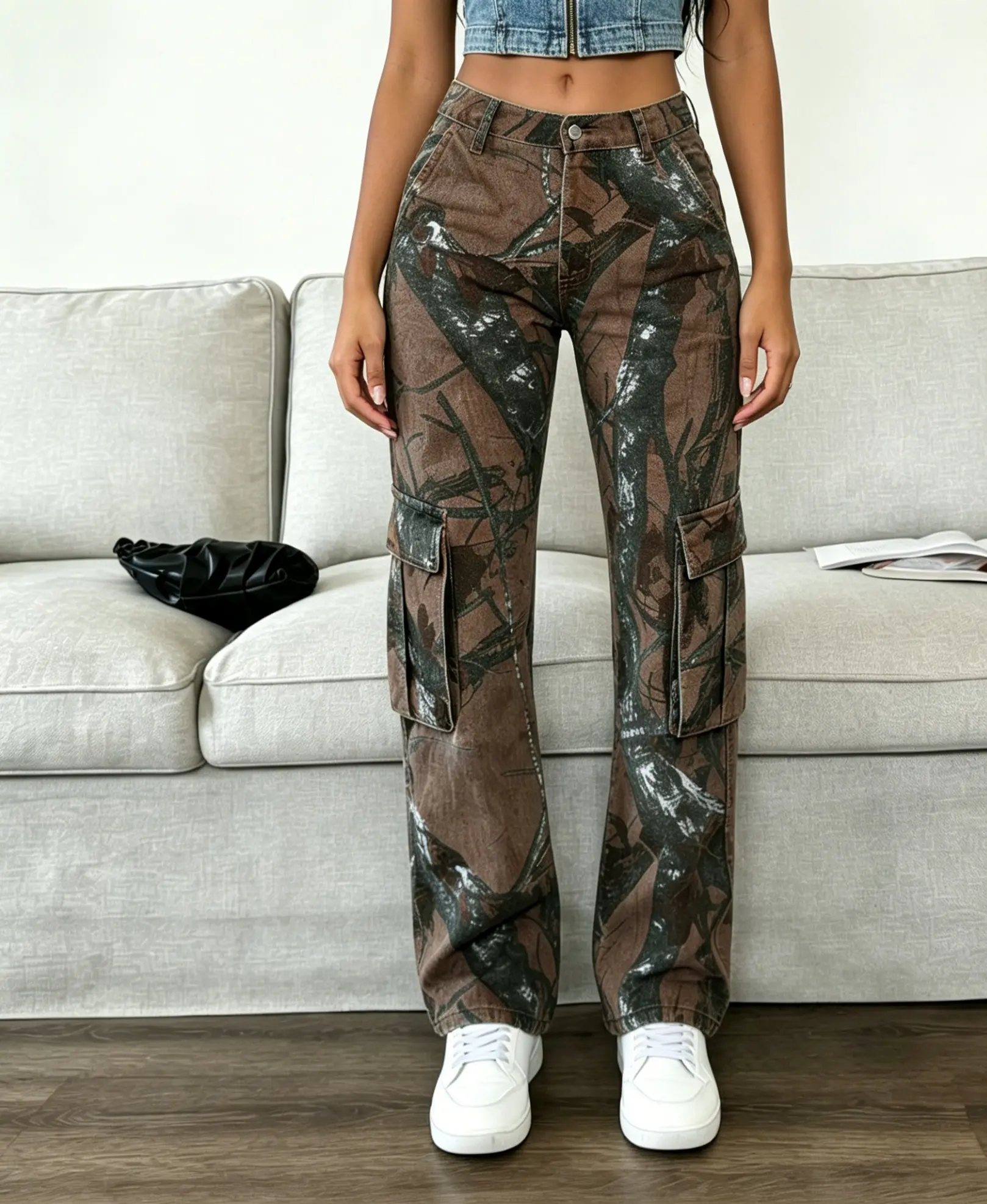 Lady's Baggy Oversize Casual Loose Camouflage Cargo Pants - Womenswear Bottoms with Multiple Pockets, Distinctive Design, Trendy Silhouette
