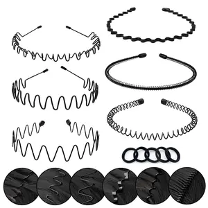 6 Pack Metal Headbands for Men & Women + 5 Free Hair Ties, Adjustable Non Slip Wavy Hair Bands for Thick Curly Long Hair, Workout, Running & Daily Wear