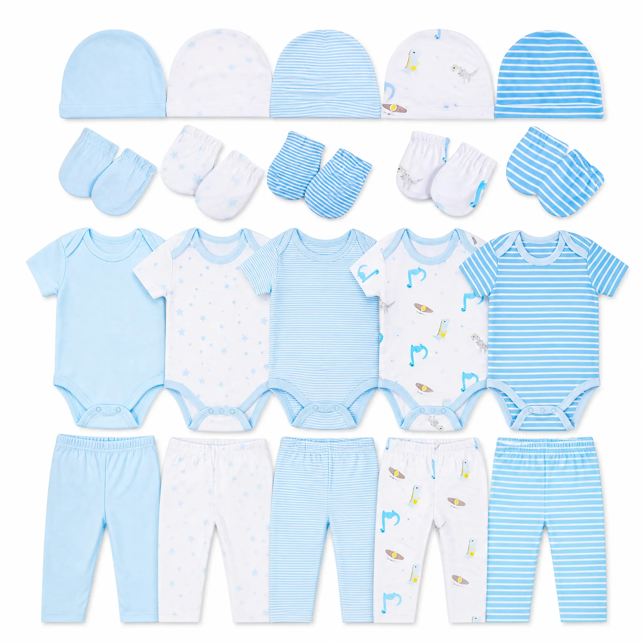 JY.COZY FOR BABY Girl Boy Clothes Unisex Onesie Sky Blue Layette Set 20 Pack Organic Cotton 5 Bodysuits 5 Pants 5 Hats 5 Gloves Newborn Pajama Infant Outfits Suits Hypoallergenic Breathable Stretchy OEKO-TEX Certified for All Seasons Playdate Christening