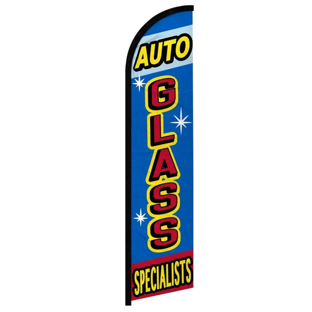 High Quality Large Curved-Sleeve Polyester Windless Advertising Flag, Outdoor Banner for Auto Glass Specialists, Advertising Flags