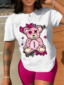 Women' Oversized Bear Print T-Shirt - Cute Bear Face Short Sleeve Round Neck Blouse Suitable for Easter, Halloween, Thanksgiving, Casual Loose Fit Machine Washable Year-Round Casual Attire