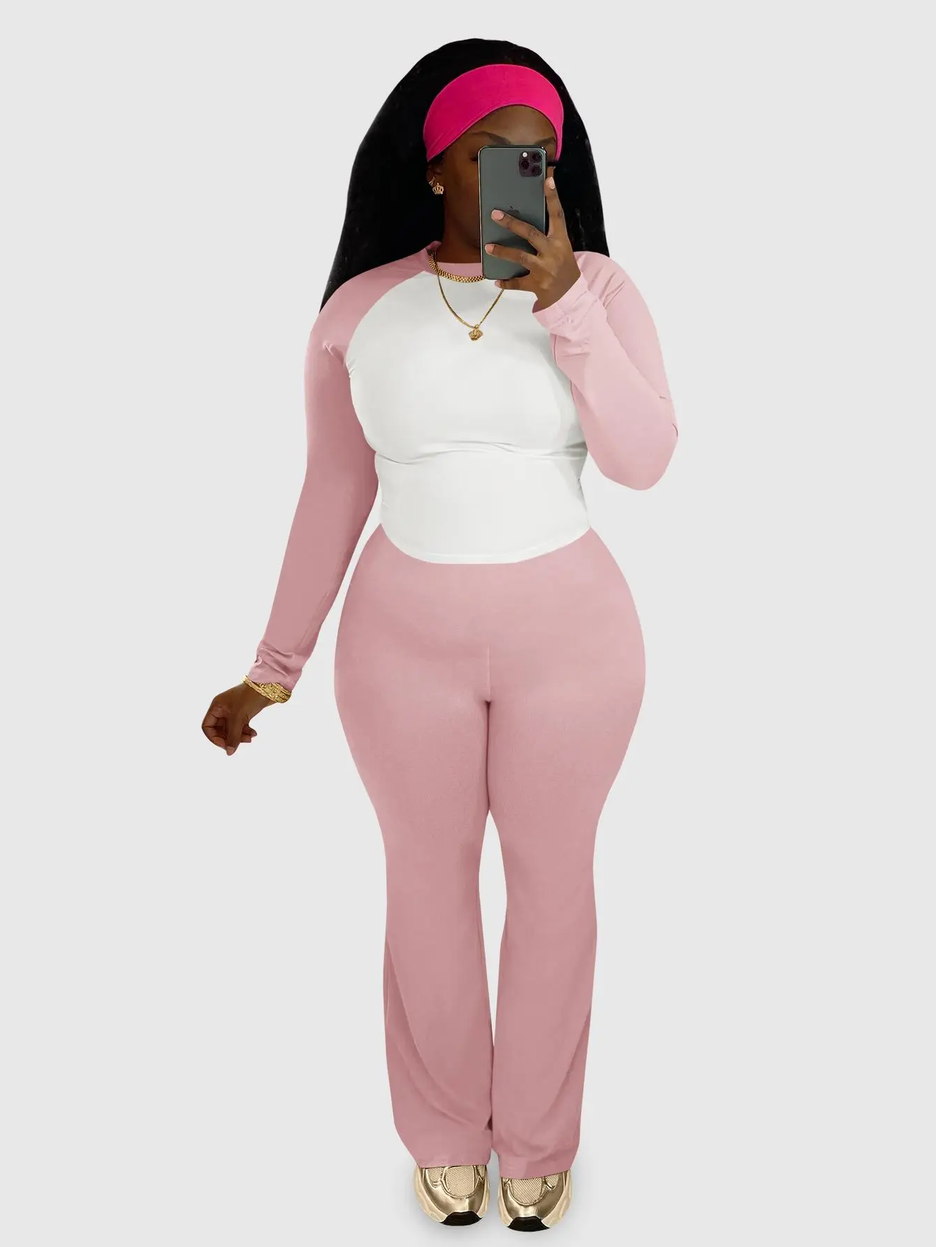 FISOEW Women's 2-Piece Raglan Color Block Outfits - Long Sleeve Crop Top & High-Waist Flare Leg Yoga Pants, Athletic Matching Set for Casual Athleisure (2 Pcs Set), Women 2 Piece Sets