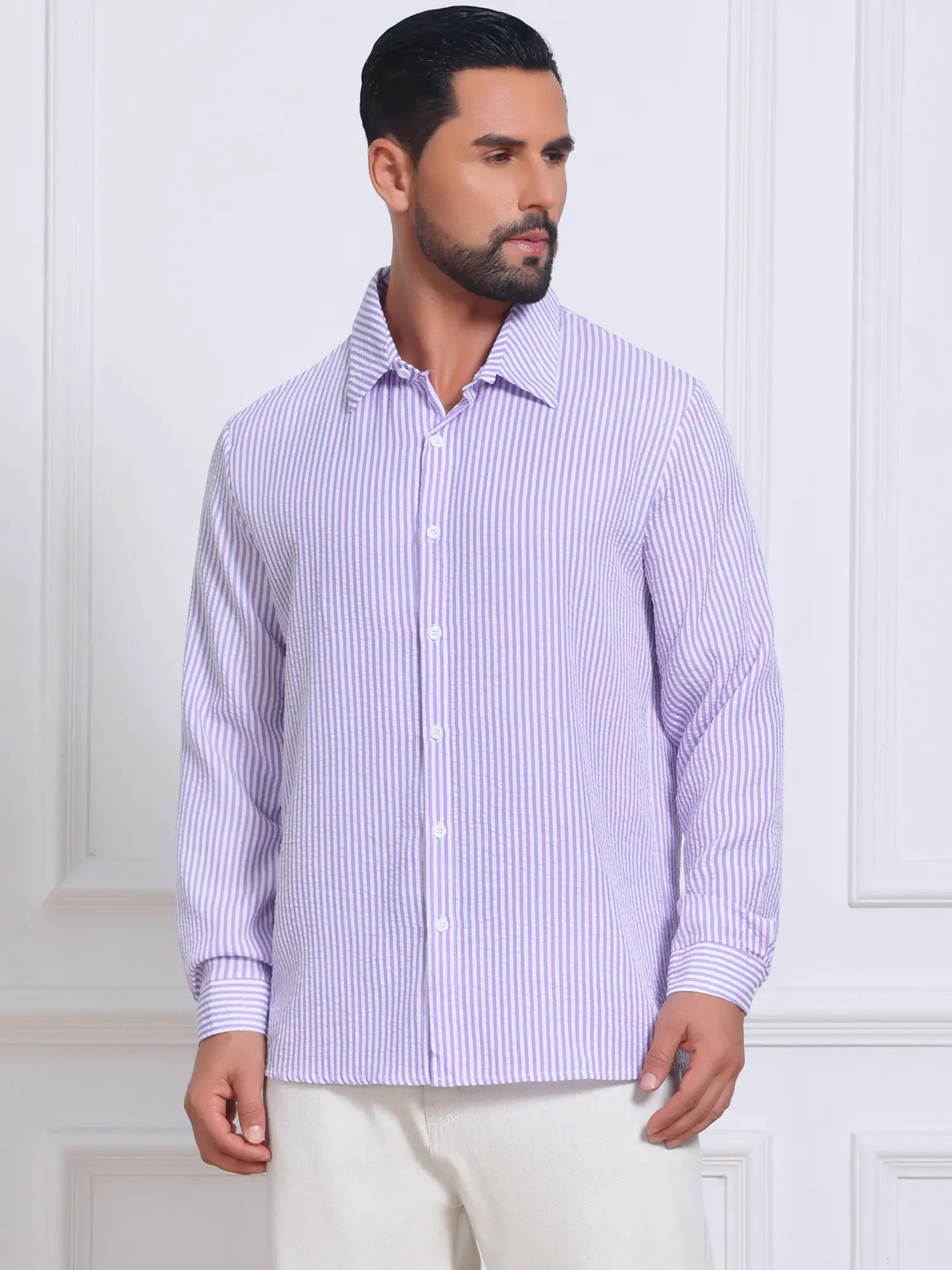 INSPIRE CHIC Men's Seersucker Dress Shirts Long Sleeve Button Down Textured Striped Shirts