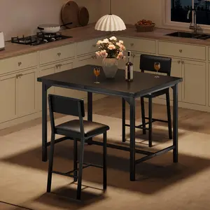 Garvee 3-Piece Dining Table Set with Counter Height High Top Table and 2 Chairs, Includes Footrest and Backrest, Features Corner Protector, Rustic Black Finish, Ideal for Dining Room, Perfect for 2 People
