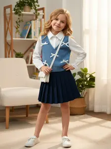 New Arrival Chic Modern Girls Preppy Outfit Set Sophisticated Playful Classic White Long Sleeve Blouse Cozy Knitted V Neck Bow Vest Flattering Navy Pleated Skirt Ideal for School Uniforms Everyday Wear or Special Occasions