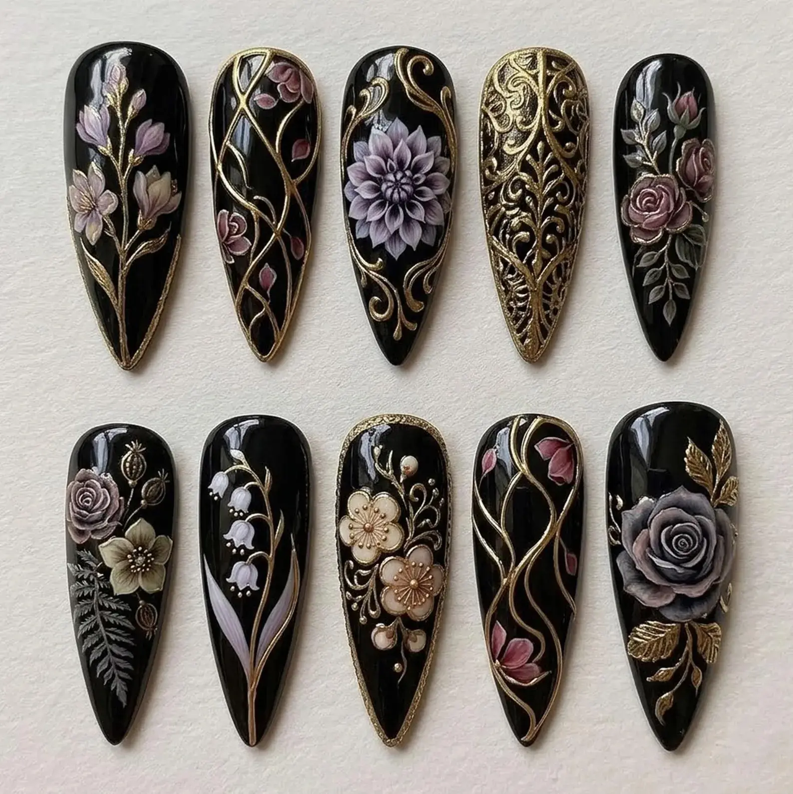 Gothic Floral Press On Nails, Hand Painted Rose Nails, Luxury Black Gold Nails, Handmade Fake Nails, Vintage Glam Nails