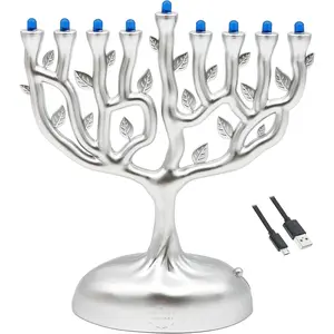 Silver Matte Small Electric Hanukkah Menorah, Tree of Life Design, LED Portable Travel Menorah, Batteries or USB Powered, 4 Inch Micro USB Cable Included, 6 Inches Tall