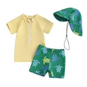 Toddler Baby Boy Swimsuit Infant Zipper Rash Guard Swimwear T-Shirt and Swim Trunk Sun Hat 3 Piece Bathing Suit