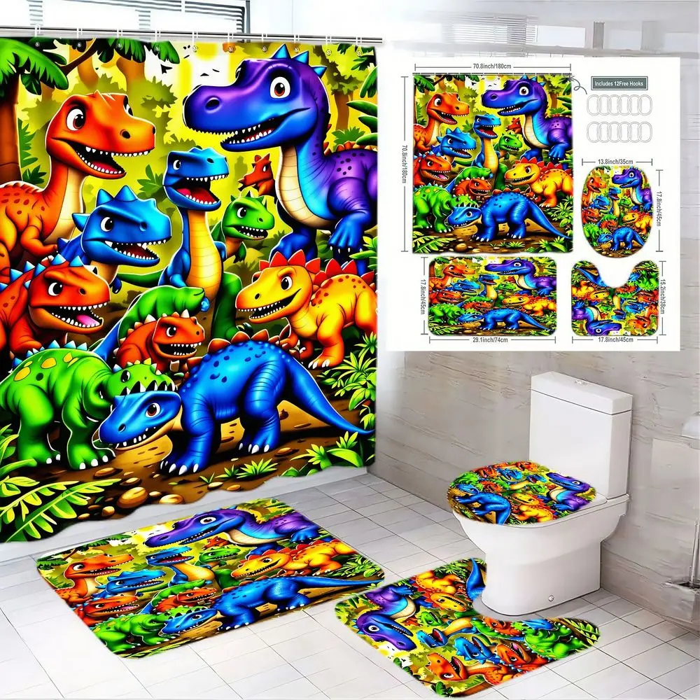 1/4pcs Jurassic Dino Adventure Bathroom, Restroom Set - Colorful Cartoon Dinosaurs (Blue/Purple/Green) Shower Curtain Sets + Toilet Seat Cover + 2 Matching Bath Mats - for Kids Jungle-Themed Bath Decor, Great Easter, Birthday, Holiday Gift for Dino