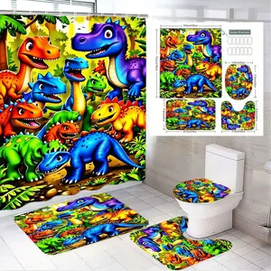 1/4pcs Jurassic Dino Adventure Bathroom Set - Colorful Cartoon Dinosaurs (Blue/Purple/Orange/Green) Shower Curtain Sets + Toilet Seat Cover + 2 Matching Bath Mats - Perfect for Kids Jungle-Themed Bath Decor, Great Easter, Birthday, Holiday Gift for Dino