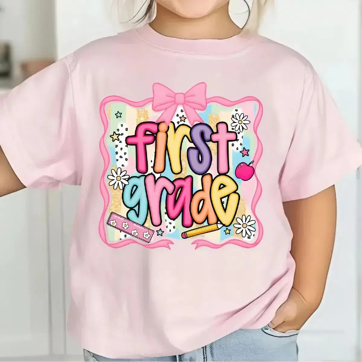 First Grade Youth T-Shirt, Cute Pink Back to School Shirt, First Day of School Graphic Tee, Pencil Bow Design, Kids School Outfit for Girls
