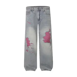 Broken holes colourful bottom personality American high street trend tide loose wide-leg jeans man Asian Menswear