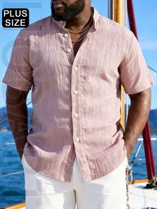 Men's Plus Size Summer Short Sleeve Shirt - Lightweight Breathable Plain Solid Color Button-Up Casual Shirt with Stand Collar,Machine Washable for Beach Vacation,Pool Party & Casual Attire,Beach Shirt,Perfect for gifting