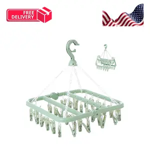 Clothes Drying Rack with 32 Clips, Foldable Hanging Rack, 360° Rotatable Hook Light Green