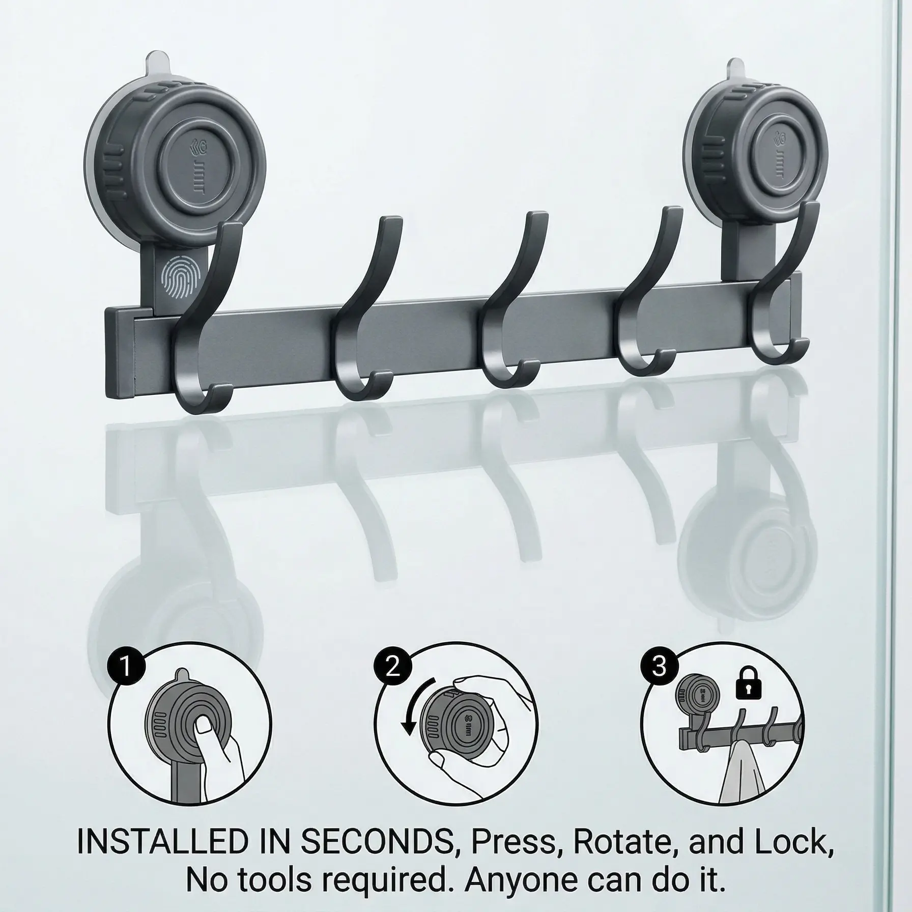 Aluminum Suction Cup Rear Door Hook—Features a convenient, no-drill adhesive mount for easy installation(for smooth surfaces only); a high-capacity hook designed for efficient bathroom storage and organization