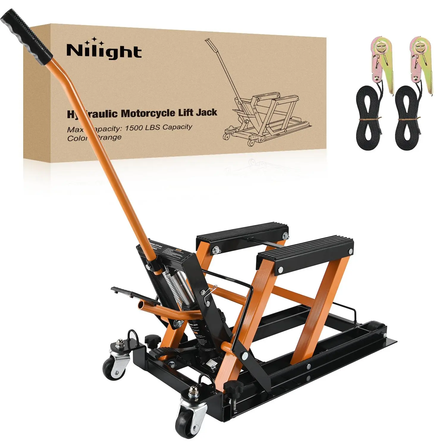 Nilight 1500 LBS Hydraulic Steel Frame Motorcycle Scissor Jack - Compact, Foot-Pedal Operated, Height Adjust, Wheel Jacks, Ratchet Belt, Heavy-Duty Lifter For Dirt Bike ATV Garage Repair, Orange