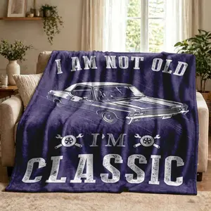1PC "I Am Not Old, I'm Classic" Vintage Car Printed Flannel Throw Blanket  (Multiple Sizes) - Purple Background With White Line Art Classic Sedan, Speed Lines, Wrench & Wheel Hub Doodle - Gift For Classic Car Lover, Birthday, Sofa Or Bed Decor