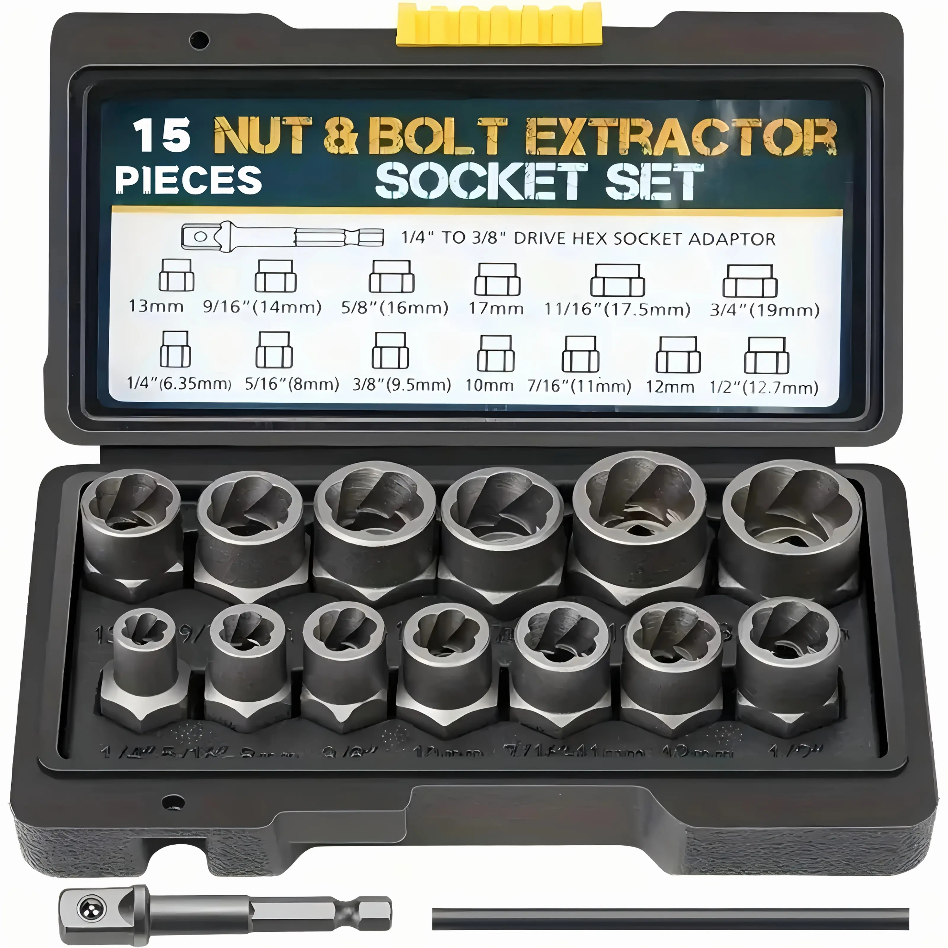 15pcs/Set Nut Extractor, Includes Bolt And Nut Removers, an Bar (If The Nut Is Still Stuck in The Sleeve When Removing It, Use It to Knock It Out), An1/4 '' to 3/8 " Drive Hexagonal Socket Adapter