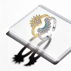Sun & Moon Rings Couple Set - Sparkling Sun Ring & Blue Moon Ring - Simple Love & Friendship Promise Rings - Ideal Gift for Best Friends