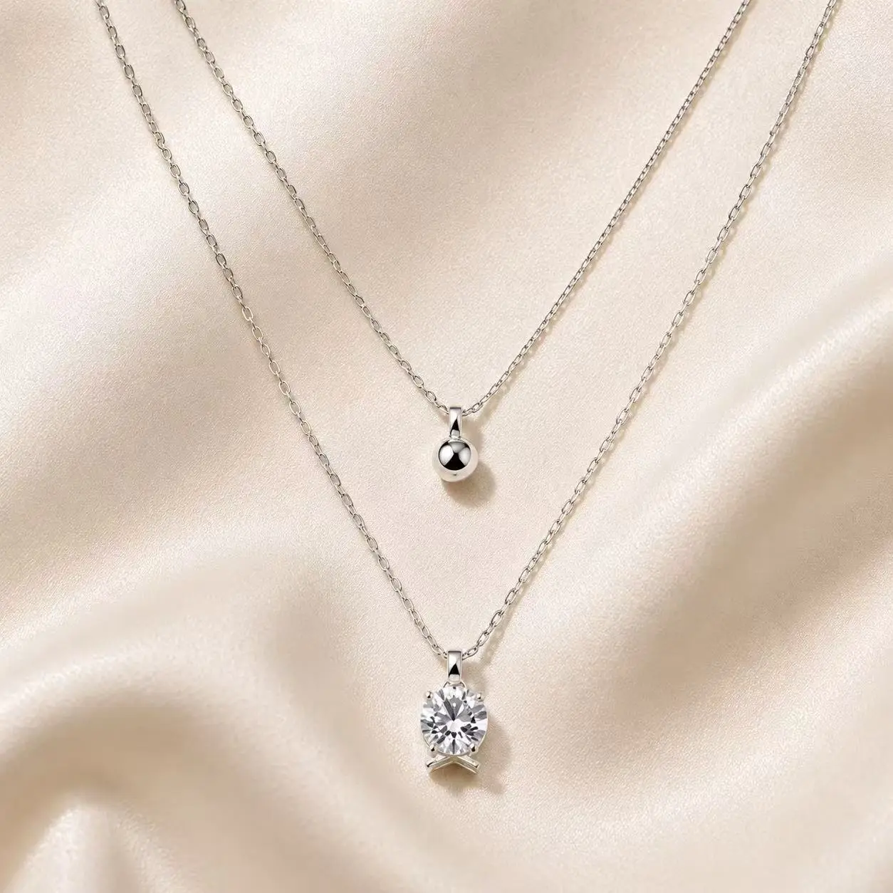 925 Sterling Silver Rhodium Plated Layered Necklace Double Chain Sparkling Pendant Necklace for Women, Hypoallergenic