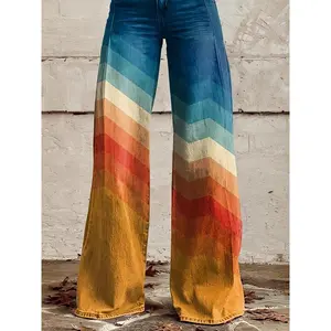 Women'S Rendering Contrast Color Thin Casual Imitation Denim Wide Leg Pants 3D Trendy Flared Pants Women Autumn And Winter Pants Bottoms Button