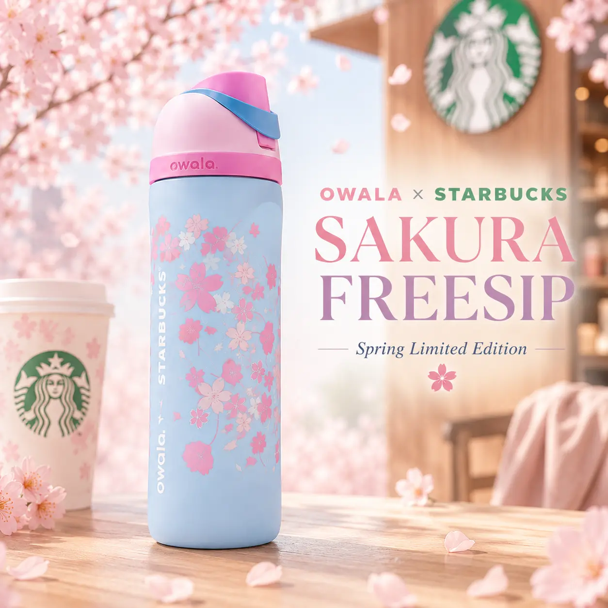 Owala x Starbucks Sakura FreeSip 24 oz Insulated Stainless Steel Water Bottle with Built-In Straw, Spring Limited Edition Cherry Blossom Design