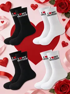 4 Pairs Unisex Letter Heart Socks, Romantic Gift for Couples, Casual Fitted Tube Socks, All Seasons Wear, Perfect for Expressing Love, Socks Set