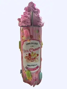 Handmade 3D ice cream stainless steel skinny drinkware tumbler cup with closable lid and straw. Flasks Clay