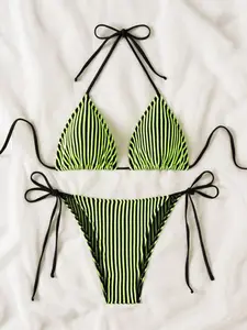 Tropical Fluorescent Striped Bikini Set, Sexy Halter Neck Bikini Tie Back Adjustable Swimwear, Pool Party Beach Vacation Separates, Swimsuit For Beach, Halter String Bikini