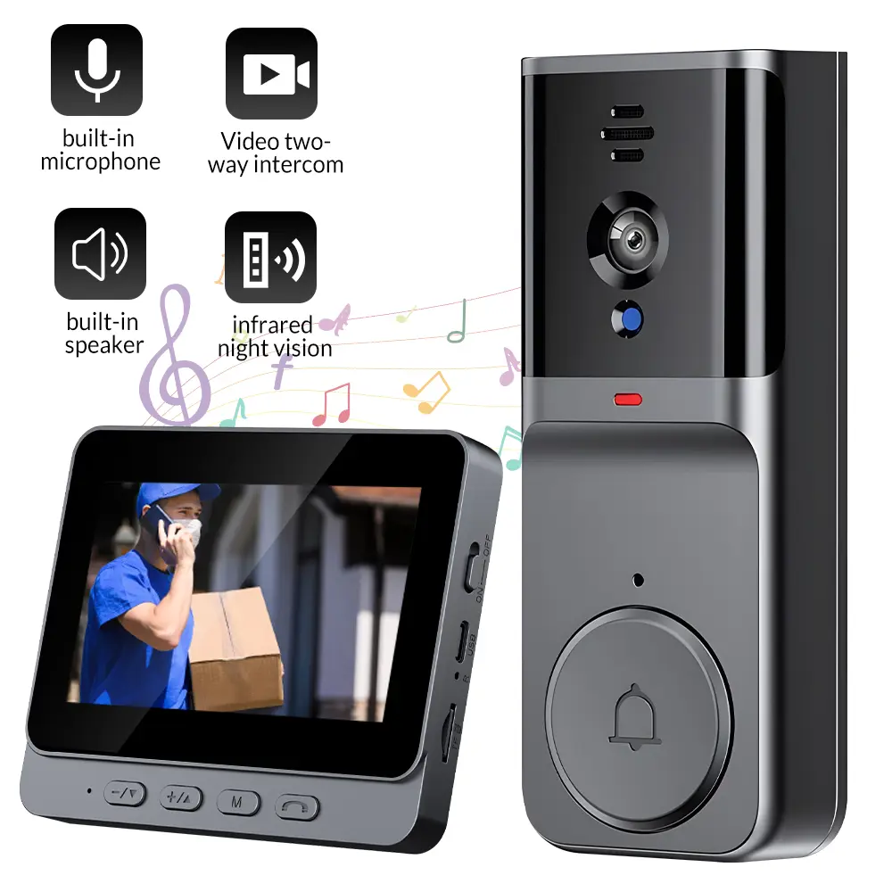 HD Smart Video Doorbell Camera with 4.3" Screen, Real-Time Video Talk, Two-Way Intercom, Built-in Microphone & Speaker, Wide Angle Lens, Auto Capture for Front Door Security