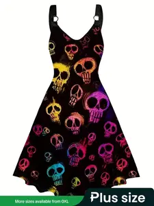 【Plus Size】 Skull Print Dress, Fashion Casual Sleeveless Dress for Daily Outdoor Wear, Women Plus Clothing for All Seasons, Womenswear, Halloween