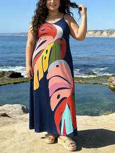 Plus Size Tropical Monstera Leaf Print Sleeveless Halter Long Dress, Flowy V-Neck Casual Beach Dress, Summer Vacation & Daily Wear