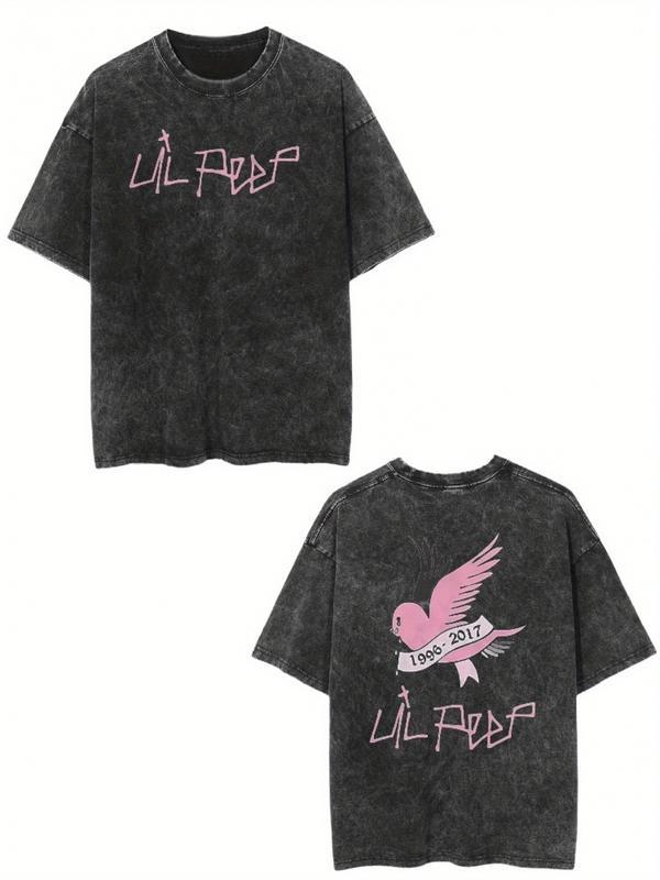 Lil Peep Logo & Iconic Cry Face T-Shirt - Double-Sided Vintage Washed Oversized Unise Tee for Men & Women, Lil Peep Merchandise, Hot Transfer Print Streetwear (Pink/Purple) - -Season Casual Outfit, Hip Hop Shirt, Mens Tshirt, Christmas, Hallowee